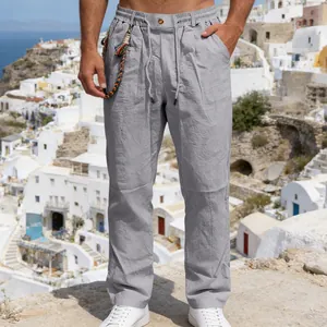 Pantalon décontracté en lin gris pour homme, respirant avec cordon de serrage