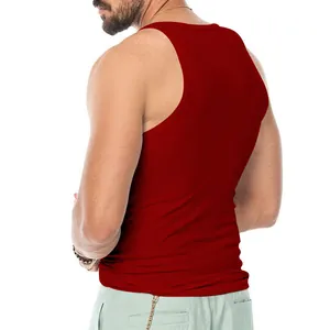 Rear view detail of a slim-fit red athletic tank top for men in breathable fabric