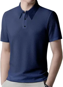 Close-up of navy blue waffle knit short-sleeved Polo shirt with buttoned collar