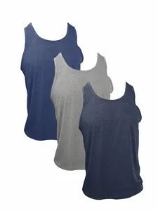 Set of three men's athletic training tank tops in navy blue, light grey, and charcoal grey.