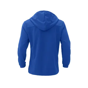 Back view of a men's royal blue hooded windbreaker jacket with slim fit design
