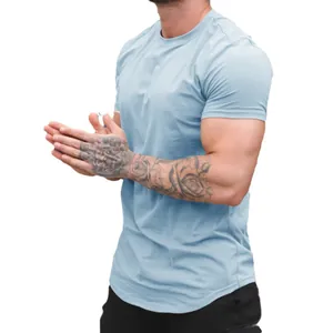 Side view of slim fit light blue fitness T-shirt showing muscle contours and fabric texture.