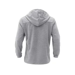Back view of a grey slim fit hooded casual jacket for men featuring a soft texture
