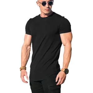 Close-up of black slim fit men's athletic T-shirt showing curved hem and muscle fit