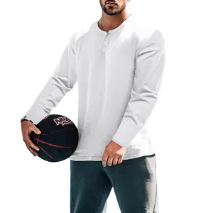 T-shirt henley classique à manches longues blanc pour homme avec patte de boutonnage