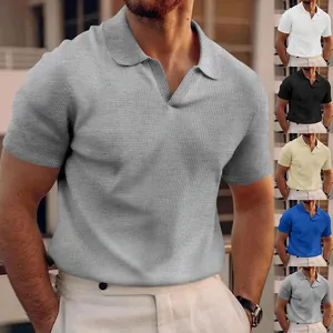 Men's waffle knit Polo shirt with V-neck collar in multiple colors