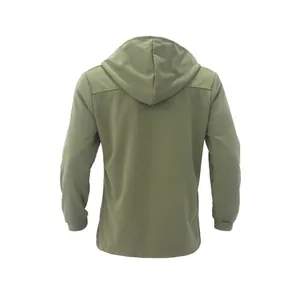 Back view of men's olive green hooded windbreaker showing hood and shoulder stitching
