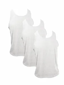 Detail showing a group of three heather grey athletic tank tops for men's fitness