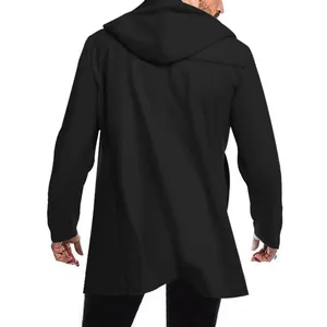 Detailed back view of a slim fit men's mid-length hooded windbreaker in solid black