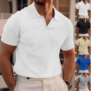 Detailed view of men's waffle knit Polo shirt fabric texture and multiple color options