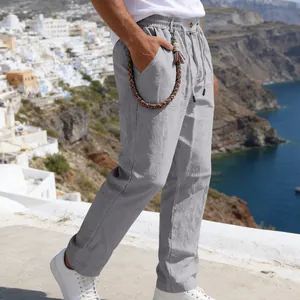 Pantalon en lin gris décontracté pour homme avec taille à cordon et détail tressé