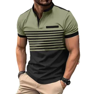 Men's summer striped color-block short sleeve polo shirt with chest pocket