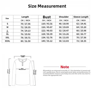 Size chart for men's long sleeve jacket showing length, bust, shoulder and sleeve measurements