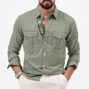 Sage green men's casual long sleeve shirt with double chest pockets and utility style
