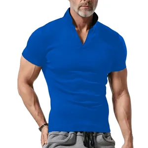 Close-up of a men's blue slim-fit polo shirt featuring a unique split V-neck design