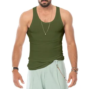 Men's olive green ribbed slim fit athletic tank top for summer gym and workout