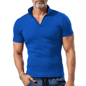 Slim fit royal blue waffle polo shirt with V-neck and short sleeves for men outdoors
