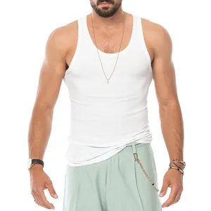 Slim fit men's white ribbed tank top for gym and casual wear, 2024 summer collection