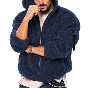 Close-up of men's navy blue fuzzy fleece hooded jacket with warm, thick plush texture