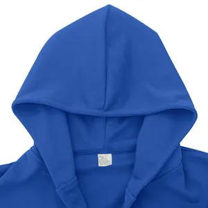 Close-up of blue hooded jacket neck label showing 50% cotton and polyester blend