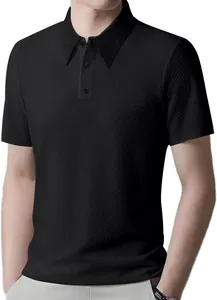 Detailed view of men's black short sleeve polo shirt with textured waffle fabric