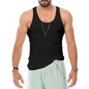Men's professional slim fit black ribbed tank top for summer fitness and gym training