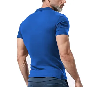 Back view of men's blue waffle knit polo shirt showing slim fit and ribbed collar