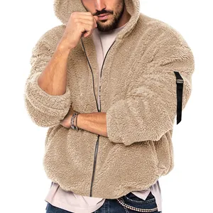 Close-up detail of a men's beige double-sided fleece hooded jacket with soft texture.