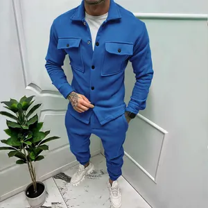 Detailed view of men's cobalt blue suede tracksuit set with cargo jacket and pants