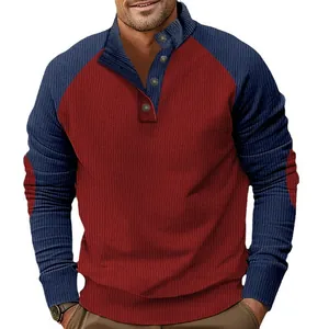 Casual men's raglan sleeve corduroy sweatshirt with stand collar and buttoned neckline.