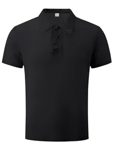 Close-up of black men's polo shirt showing heavy textured waffle fabric and buttons