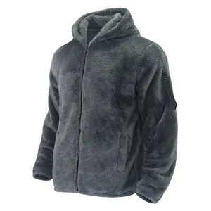 Detail of grey men's fuzzy fleece hooded jacket with soft texture and zip