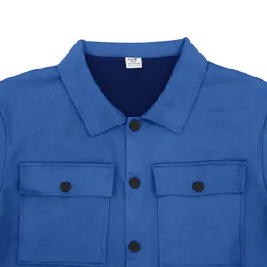 Close-up of blue suede workwear jacket showing collar, buttons, and chest pockets