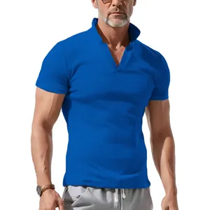 Detailed view of men's blue waffle knit polo shirt with a trendy V-neck and short sleeves