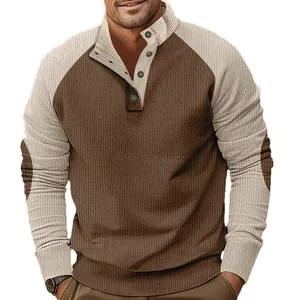 Men's casual corduroy sweatshirt with raglan sleeves and standing collar in brown and beige