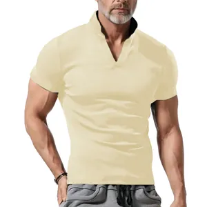 Detailed view of men's pale yellow V-neck waffle knit short sleeve slim polo shirt