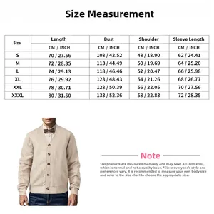 Detailed size chart for men's V-neck knit cardigan sweater with CM and INCH measurements