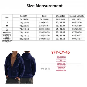 Detailed size guide for men's winter warm fleece hooded jacket with measurement table