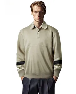 Close-up detail of men's loose khaki long-sleeve polo sweatshirt with collar and button