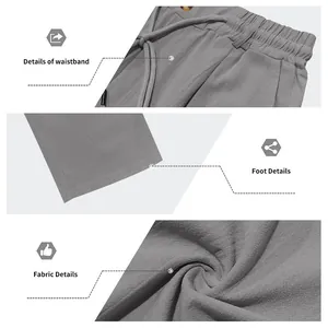 Vues détaillées de la taille, de l'ourlet et du tissu en lin respirant d'un pantalon gris.