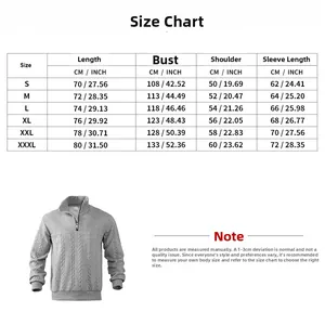 Detaillierte Größentabelle für Herren-Sweatshirt mit halbem Reißverschluss in CM und Zoll.