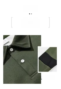 Detail of dark green polo sweatshirt collar with white buttons and contrast sleeve