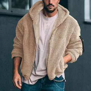Men's winter sherpa fleece hooded jacket in casual loose fit khaki color coat