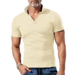 Close-up view of a premium men's slim fit V-neck short sleeve polo shirt in cream yellow