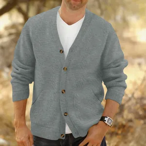 Men's retro gray jacquard knit cardigan with V-neck and classic button closure