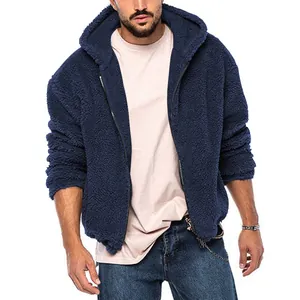 Warm navy blue fuzzy sherpa hooded jacket for men casual winter outerwear