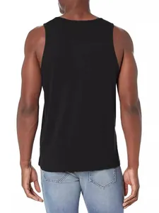 Professional back view of men's black sleeveless gym fitness tank top in solid color
