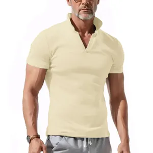Detailed view of men's beige waffle knit V-neck short sleeve polo T-shirt