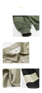 Macro views of men's loose polo sweatshirt showing collar, cuffs and fabric texture