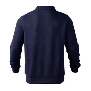 Vista posteriore dettagliata della felpa da uomo blu scuro con raffinata trama jacquard